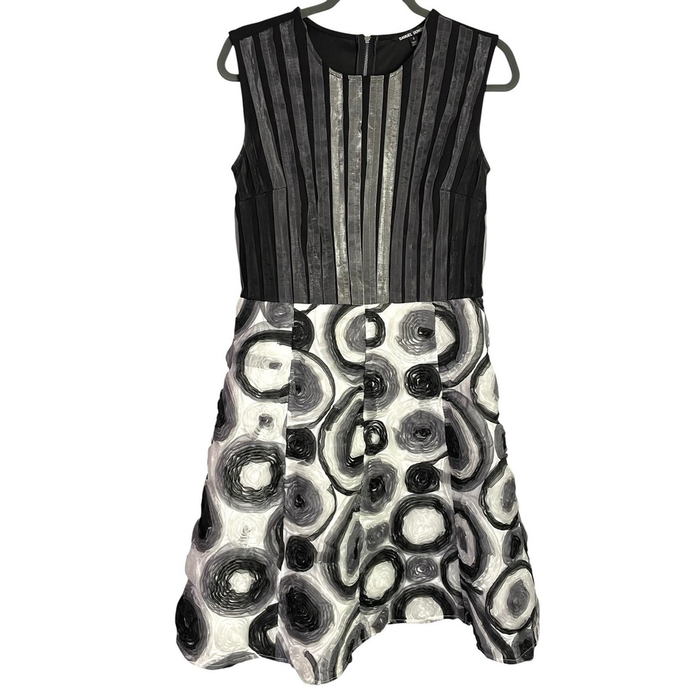 Samuel Dong Textured Cocktail Dress Size S Black Gray White Ribbon Circles Party